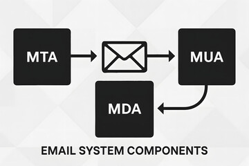 Poster - Email System Components: Illustrating the fundamental components of an email system, showing the flow from MTA to MDA, culminating in MUA, representing the essential technical architecture.