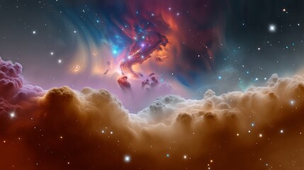 Wall Mural - colorful space scene with a large cloud of purple and orange. the clouds are filled with stars and t