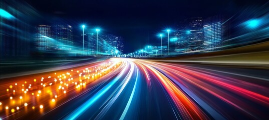 Poster - Futuristic city skyline at night with glowing highways and data streams showing transport tech