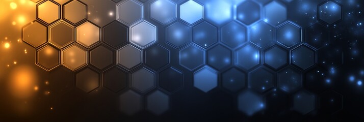 Poster - Vibrant Blue Hexagons with Glowing Orbs and Light Streaks on a Digital Grid Background Concept