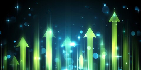 Poster - Illuminated Arrows Pointing Upward on Abstract Blue Green Background with Glowing Light Rays