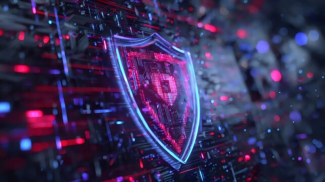 A digital shield emblem glows amidst a vibrant, tech-inspired backdrop of circuitry in red and blue tones.