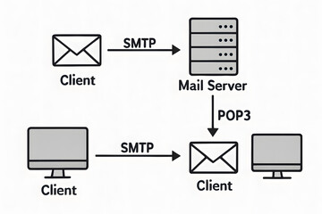 Poster - Email Communication Flow: Illustrated depiction of an email communication process, encompassing client interactions with a mail server through SMTP and POP3 protocols.