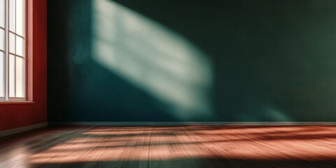 Poster - Minimalist interior featuring dramatic window light on green wall and cherry floor for zen design