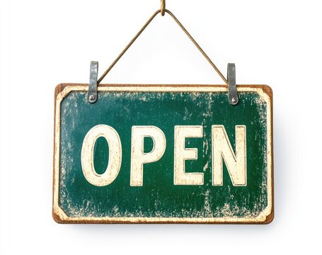 Green open sign hanging on a white background, a PNG file of the word 