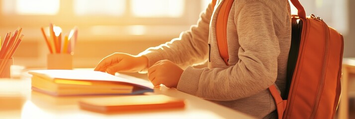 Leinwandbilder - Schoolchild with an orange backpack opening a school book on a desk, surrounded by colorful pencils in a warm, sunlit classroom, embracing the back to school spirit