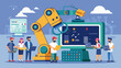 © theartcreator - Massive robotic arm being programmed by engineers in high-tech lab. Team of professionals developing automation technology in modern workspace.