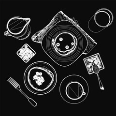 Poster - Black and white contour illustration of a breakfast table setting with a plate of cereal, utensils, and coffee cups. The simple line art features clean outlines against a solid black background.
