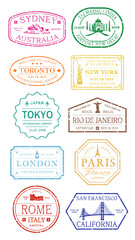Poster - PNG Colorful international travel stamps , set on transparent background