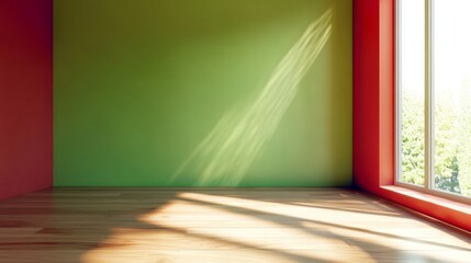 Poster - Bright Minimalist Interior of an Empty Green Room Bathed in Sunlight with Wooden Floor and Red Walls