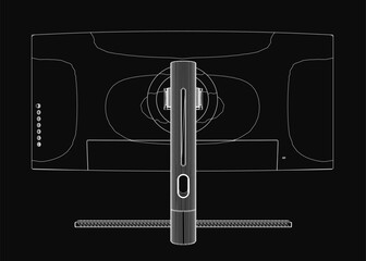 Poster - A flat TV in black and white contour drawing with a sleek modern design and thin bezel. The glossy black finish enhances its minimalist appeal, while the curved stand complements the overall.