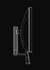 Fototapete - A sleek black and white flat screen TV with a curved contour and thin bezel is mounted on a wall. The modern design stands out against a solid black background.