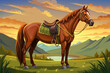© saeideh - vector of A magnificent brown horse standing with an intricately designed leather saddle against a calm background at sunset in a tranquil meadow...