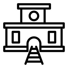 Leinwandbilder - Black and white drawing of a train station with a train track leading to the building