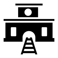 Leinwandbilder - Black and white drawing of a train station with a train track leading to the building