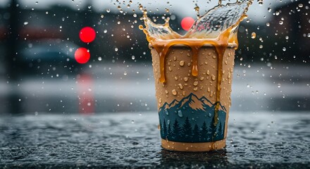 Poster - Coffee splashing out of a paper cup with water drops in rain on a street. Beverage takeaway concept for rainy weather.