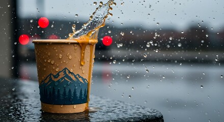 Poster - Coffee splashing out of a paper cup with water drops in rain on a street. Beverage takeaway concept for rainy weather.