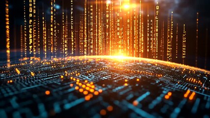 abstract digital world animation background with binary code and network connection