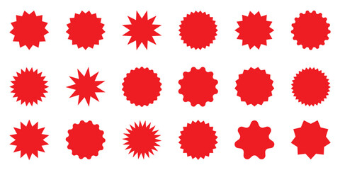 Set of red star burst shape tags for price. Circle sticker set. Wavy edge promo black badges.  Blank sale stickers. Simple silhouette. Flat vintage labels isolated on transparent background.