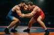 © OlenaSpark - Photorealistic freestyle wrestlers grappling under intense light with visible sweat and tension. Concept of physical struggle, strategy, skill, and peak human endurance.