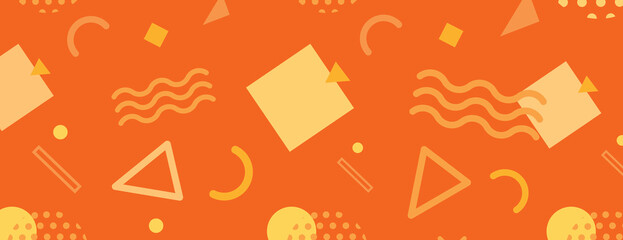 Poster - Retro geometric background with orange background, featuring yellow shapes and patterns. The orange background adds a vibrant, playful texture. Fun memphis pattern background. Orange background vector