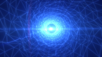 Poster - Abstract glowing digital tunnel with blue polygonal grid converging toward a bright center, symbolizing data flow and high technology