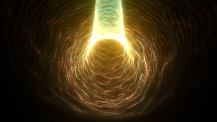 Poster - Orange-golden glowing tunnel with dynamic light strands and digital particle motion in a sci-fi style