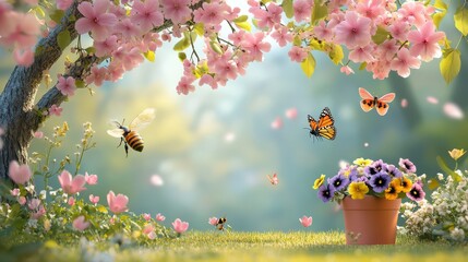 6.a lively 3d vector illustration of a blooming sakura tree with soft pink flowers, a bee buzzing ha