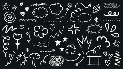 Poster - Chalk doodles on blackboard. Spirals, clouds, stars, and arrows. Playful chalk doodles, whimsical designs. Creative chalk doodles, artistic expressions. Black hand drawn elements, vector set.
