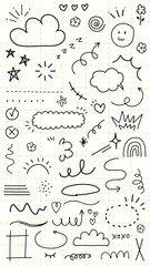 Poster - Doodle set with clouds, stars, and hearts. Playful clouds, swirling stars, and cute hearts. Simple clouds, and charming hearts in black and white. Hand drawn social media icons, vector set.