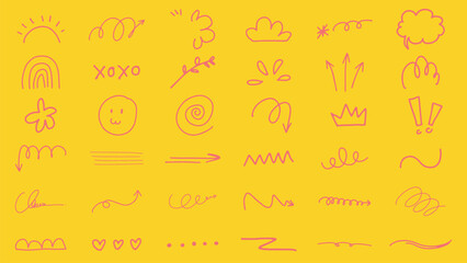 Poster - Playful pink doodles on a yellow background. Doodles include arrows, clouds, and squiggles. Fun and whimsical doodles for creative designs. Colorful doodle elements, vector set.