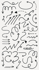 Poster - Collection of hand-drawn arrows in various styles. Curved arrows, zigzag arrows, and spiral arrows. Arrows pointing in different directions, artistic arrows. Black hand drawn elements, vector set.