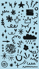 Poster - Doodle art with stars, arrows, and clouds. Black doodles on a blue background. Playful and creative doodles, featuring stars, arrows, and clouds. Black hand drawn elements, vector set.
