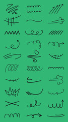 Poster - Collection of black doodle arrows and lines on a green background. Doodle arrows, swirls, and lines create a playful design. Arrows and lines in various styles. Black hand drawn elements, vector set.