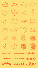 Poster - Collection of abstract doodles with clouds, stars, and swirls. Red doodles on yellow background. Playful doodles with stars and clouds. Fun and whimsical doodles. Colorful doodle elements, vector set.