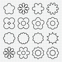 Poster - Vectors. Grid with 16 flower-shaped outlines. Flower patterns vary in design. Black outlines on white background. Floral shapes on grid. Flower outlines repeated. Black shapes, vector set.