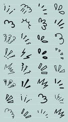 Poster - Doodle elements set with exclamation marks, clouds, and lines. Doodle style, black lines on light background. Fun and quirky doodles for creative projects. Black hand drawn elements, vector set.