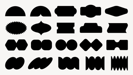 Poster - Grid of abstract black shapes on white background. Various geometric forms repeat, creating a pattern. Shapes include circles, crosses, and diamonds. Black shapes, vector element set.