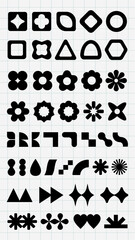 Poster - Grid of abstract black shapes on white background. Various geometric forms repeat, creating a pattern. Shapes include circles, crosses, and diamonds. Black shapes, vector element set.