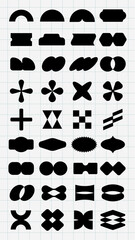 Poster - Grid of abstract black shapes on white background. Various geometric forms repeat, creating a pattern. Shapes include circles, crosses, and diamonds. Black shapes, vector element set.