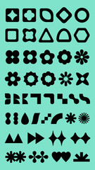 Poster - Collection of black geometric shapes on a teal background. Includes circles, triangles, and stars. Abstract shapes for design. Geometric and abstract patterns. Black shapes, vector element set.