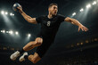 © OlenaSpark - Photorealistic handball player captured mid-air during jump shot with visible tension and sweat under arena lights. Concept of explosive strength, focus, agility, and elite team sports competition.
