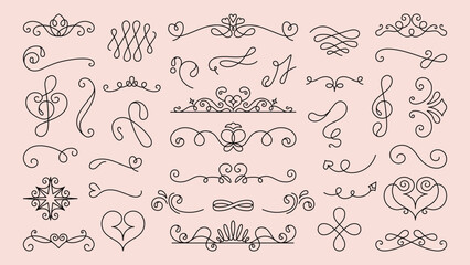 Poster - Vector set. Elegant line art flourishes and swirls on a light background. Decorative swirls and flourishes for design. Ornamental line art elements and flourishes. Hand drawn ornament vector set.