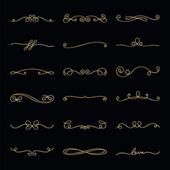Poster - Vector set. Elegant gold decorative swirls and flourishes on a black background. Swirls and flourishes in various styles. Perfect for invitations and design accents. Hand drawn ornament vector set.