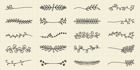 Poster - Vector set. Collection of hand-drawn floral dividers, featuring leaves and branches. Perfect for decorative borders, floral designs, and nature-themed projects. Hand drawn ornament vector set.