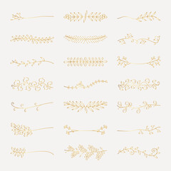 Poster - Vector set. Elegant gold floral dividers. Gold leaves and branches create delicate dividers. Perfect for invitations, gold-themed designs, and elegant decorations. Hand drawn ornament vector set.