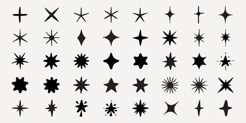 Poster - Collection of hand-drawn star icons. Various star designs in black and white. Simple star shapes, decorative star elements, and minimalist star illustrations. Element vector set.
