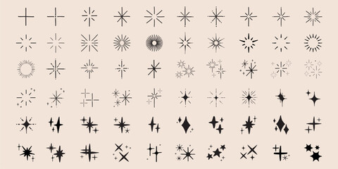 Poster - Collection of hand-drawn star icons. Various star designs in black and white. Simple star shapes, decorative star elements, and minimalist star illustrations. Element vector set.