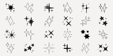 Poster - Collection of hand-drawn star icons. Various star designs in black and white. Simple star shapes, decorative star elements, and minimalist star illustrations. Element vector set.