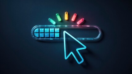 Fototapete - Neon Cursor Clicking on a Transparent Search Bar with Rainbow Loading Progress